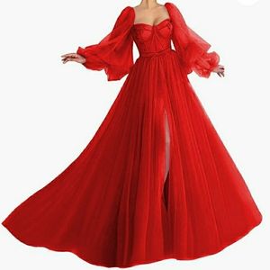 Red Puffy Sleeve Prom Dress - Tulle Ball Gown